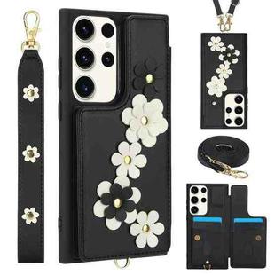 For Samsung Galaxy S22 Ultra 5G Crossbody Flower Pattern Leather Phone Case(Black)