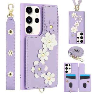 For Samsung Galaxy S22 Ultra 5G Crossbody Flower Pattern Leather Phone Case(Purple)