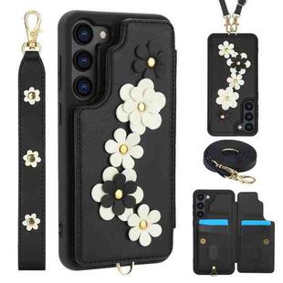 For Samsung Galaxy S23+ 5G Crossbody Flower Pattern Leather Phone Case(Black)