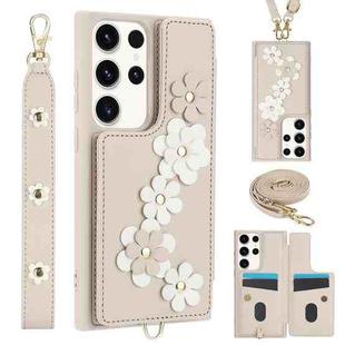 For Samsung Galaxy S23 Ultra 5G Crossbody Flower Pattern Leather Phone Case(White)
