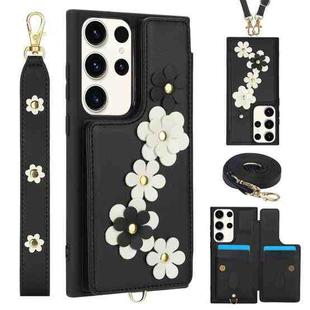 For Samsung Galaxy S23 Ultra 5G Crossbody Flower Pattern Leather Phone Case(Black)