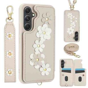 For Samsung Galaxy S24+ 5G Crossbody Flower Pattern Leather Phone Case(White)