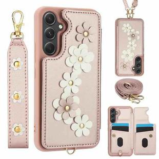 For Samsung Galaxy S24+ 5G Crossbody Flower Pattern Leather Phone Case(Rose Gold)