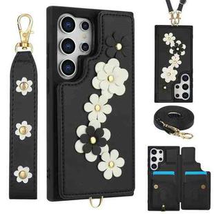 For Samsung Galaxy S25 Ultra 5G Crossbody Flower Pattern Leather Phone Case(Black)