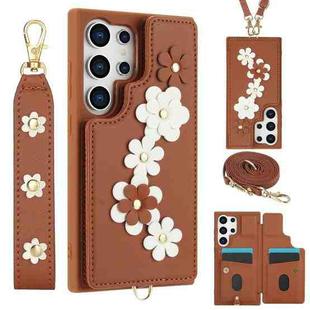 For Samsung Galaxy S25 Ultra 5G Crossbody Flower Pattern Leather Phone Case(Brown)
