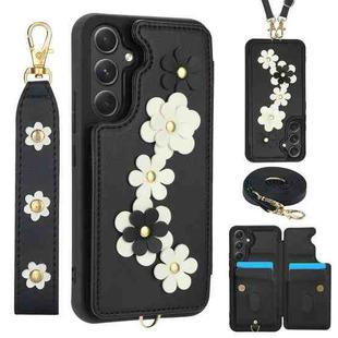 For Samsung Galaxy A34 Crossbody Flower Pattern Leather Phone Case(Black)