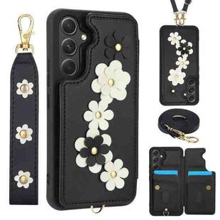 For Samsung Galaxy A15 Crossbody Flower Pattern Leather Phone Case(Black)