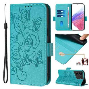 For Tecno Pova 5 4G Embossed Rose RFID Anti-theft Leather Phone Case(Light Blue)