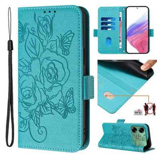 For Tecno Pova 6 4G Embossed Rose RFID Anti-theft Leather Phone Case(Light Blue)