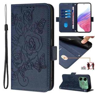 For Tecno Pova 6 4G Embossed Rose RFID Anti-theft Leather Phone Case(Dark Blue)