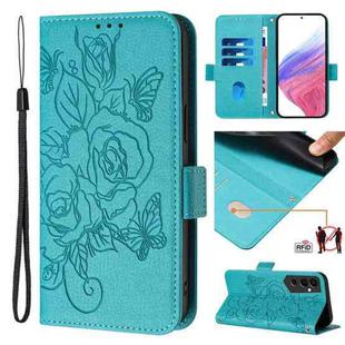 For Tecno Pova Neo 2 Embossed Rose RFID Anti-theft Leather Phone Case(Light Blue)