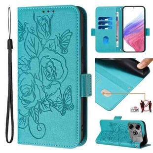 For Tecno Pova 6 Neo Embossed Rose RFID Anti-theft Leather Phone Case(Light Blue)