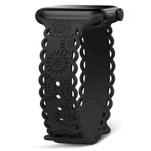 For Apple Watch SE 2023 44mm Lace Sunflower Embossed Silicone Watch Band(Black)