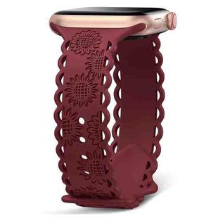 For Apple Watch SE 2023 44mm Lace Sunflower Embossed Silicone Watch Band(Wine Red)
