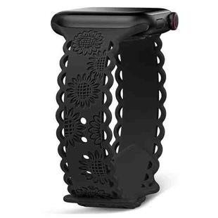 For Apple Watch SE 2022 44mm Lace Sunflower Embossed Silicone Watch Band(Black)