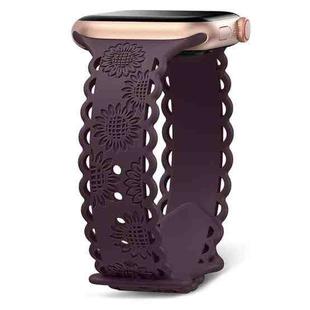 For Apple Watch SE 2022 44mm Lace Sunflower Embossed Silicone Watch Band(Dark Purple)