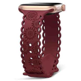 For Apple Watch Series 6 44mm Lace Sunflower Embossed Silicone Watch Band(Wine Red)
