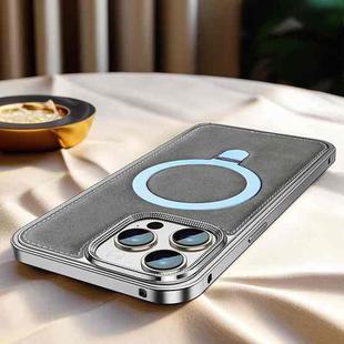 For iPhone 15 Pro Max Metal Frame Oil Wax Leather MagSafe Phone Case with Spring Buckle Stand(Grey)