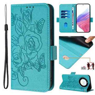 For Honor X40 5G / X9a 5G / Magic5 Lite Embossed Rose RFID Anti-theft Leather Phone Case(Light Blue)