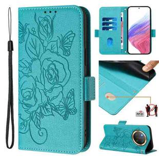 For Honor X9c 5G Embossed Rose RFID Anti-theft Leather Phone Case(Light Blue)