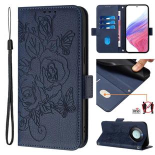 For Honor X9c Smart 5G Embossed Rose RFID Anti-theft Leather Phone Case(Dark Blue)