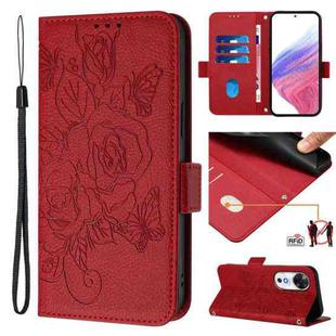 For Honor Play 60 5G Embossed Rose RFID Anti-theft Leather Phone Case(Red)