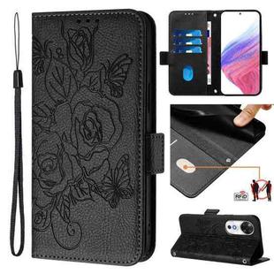 For Honor Play 60 5G Embossed Rose RFID Anti-theft Leather Phone Case(Black)