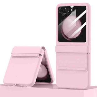 For Samsung Galaxy Z Flip5 5G Integrated PC Leather Texture Folding Phone Case with Hinge(Pink)