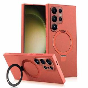 For Samsung Galaxy S23 Ultra 5G MagSafe Rotation Holder PC + Leather Phone Case(Orange)