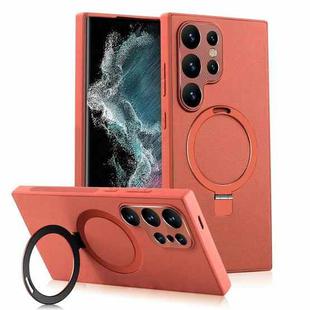 For Samsung Galaxy S22 Ultra 5G MagSafe Rotation Holder PC + Leather Phone Case(Orange)