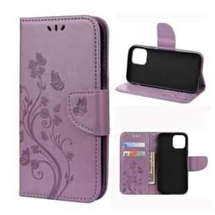 For iPhone 12 Pro Max Butterfly Flower Pattern Horizontal Flip Leather Case with Holder & Card Slots & Wallet(Light Purple)