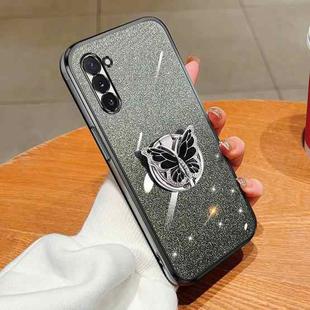 For Samsung Galaxy Note10 Plated Gradient Glitter Butterfly Holder TPU Phone Case(Black)