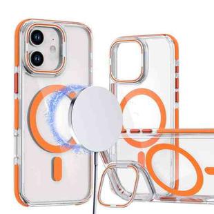 For iPhone 12 / 12 Pro Dual-Color Clear Acrylic Hybrid TPU Lens Flip Holder MagSafe Phone Case(Orange)