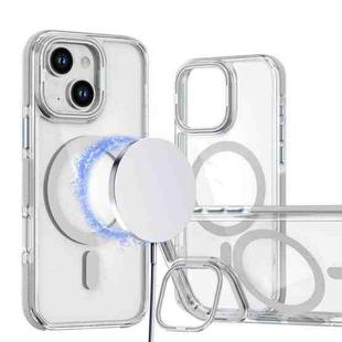 For iPhone 15 Dual-Color Clear Acrylic Hybrid TPU Lens Flip Holder MagSafe Phone Case(Grey)