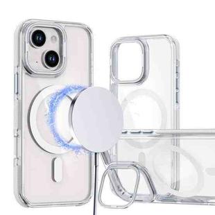 For iPhone 15 Dual-Color Clear Acrylic Hybrid TPU Lens Flip Holder MagSafe Phone Case(White)