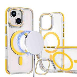 For iPhone 15 Dual-Color Clear Acrylic Hybrid TPU Lens Flip Holder MagSafe Phone Case(Yellow)