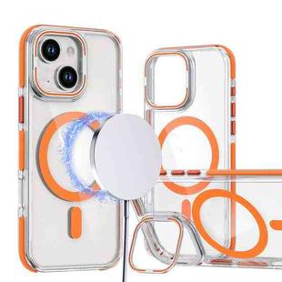 For iPhone 15 Plus Dual-Color Clear Acrylic Hybrid TPU Lens Flip Holder MagSafe Phone Case(Orange)