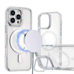 For iPhone 15 Pro Dual-Color Clear Acrylic Hybrid TPU Lens Flip Holder MagSafe Phone Case(White)