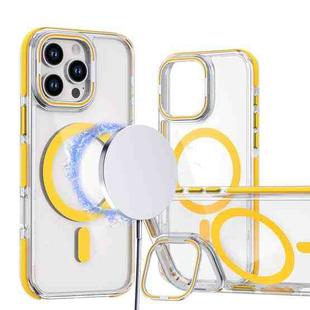 For iPhone 15 Pro Dual-Color Clear Acrylic Hybrid TPU Lens Flip Holder MagSafe Phone Case(Yellow)