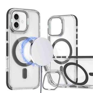 For iPhone 16 Dual-Color Clear Acrylic Hybrid TPU Lens Flip Holder MagSafe Phone Case(Black)