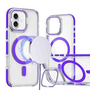 For iPhone 16 Dual-Color Clear Acrylic Hybrid TPU Lens Flip Holder MagSafe Phone Case(Purple)