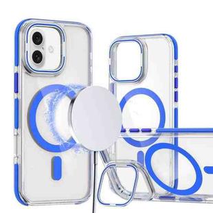 For iPhone 16 Dual-Color Clear Acrylic Hybrid TPU Lens Flip Holder MagSafe Phone Case(Blue)