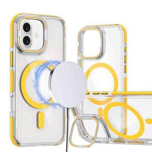 For iPhone 16 Dual-Color Clear Acrylic Hybrid TPU Lens Flip Holder MagSafe Phone Case(Yellow)