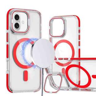 For iPhone 16 Plus Dual-Color Clear Acrylic Hybrid TPU Lens Flip Holder MagSafe Phone Case(Red)