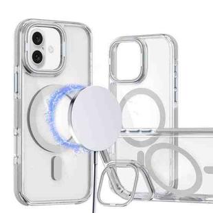 For iPhone 16 Plus Dual-Color Clear Acrylic Hybrid TPU Lens Flip Holder MagSafe Phone Case(Grey)