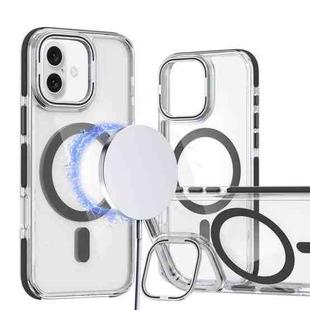 For iPhone 16 Plus Dual-Color Clear Acrylic Hybrid TPU Lens Flip Holder MagSafe Phone Case(Black)