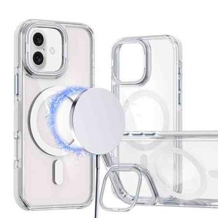 For iPhone 16 Plus Dual-Color Clear Acrylic Hybrid TPU Lens Flip Holder MagSafe Phone Case(White)