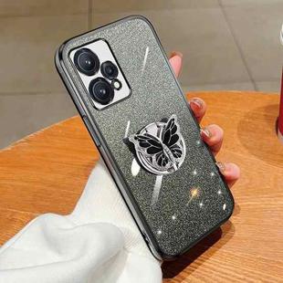 For Realme 9 Pro+ Plated Gradient Glitter Butterfly Holder TPU Phone Case(Black)