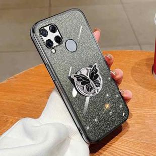 For Realme Narzo 30A Plated Gradient Glitter Butterfly Holder TPU Phone Case(Black)