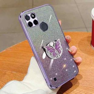 For Realme C21Y Plated Gradient Glitter Butterfly Holder TPU Phone Case(Purple)